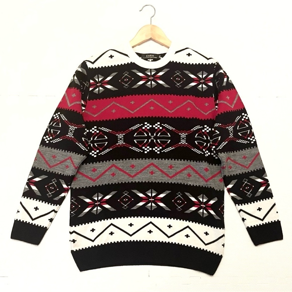 Zara Man Fair Isle Nordic Knit Sweater Red Black XXL